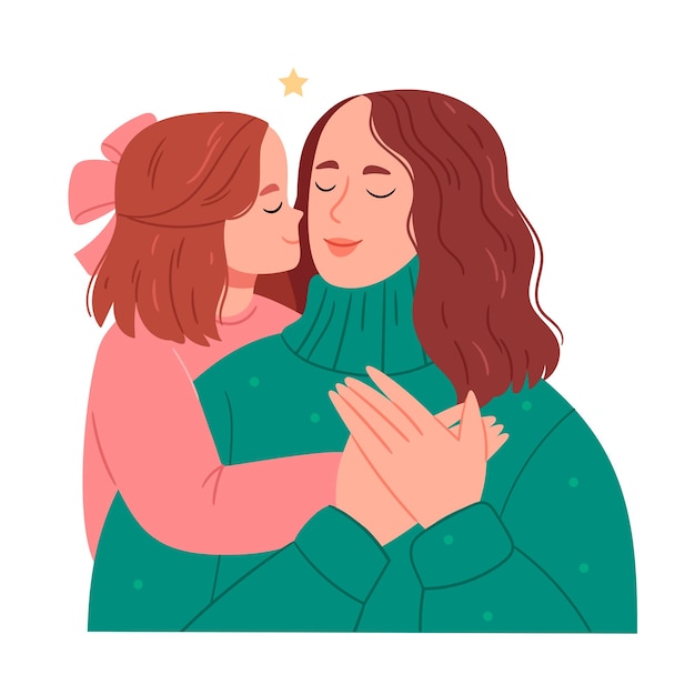 Het meisje knuffelt haar moeder en kust haar op de wang mother's day family simple hand getrokken illustratie