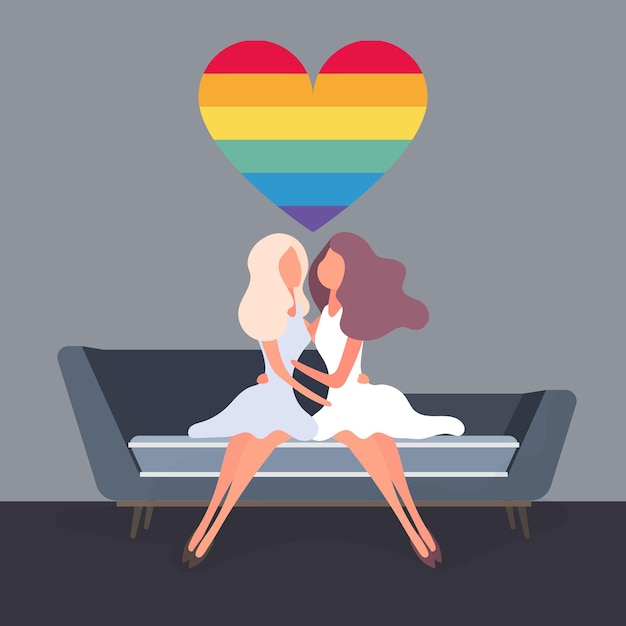 Vector het meisje knuffelt het meisje terwijl ze op de bank zit. lgbt-concept. vector.