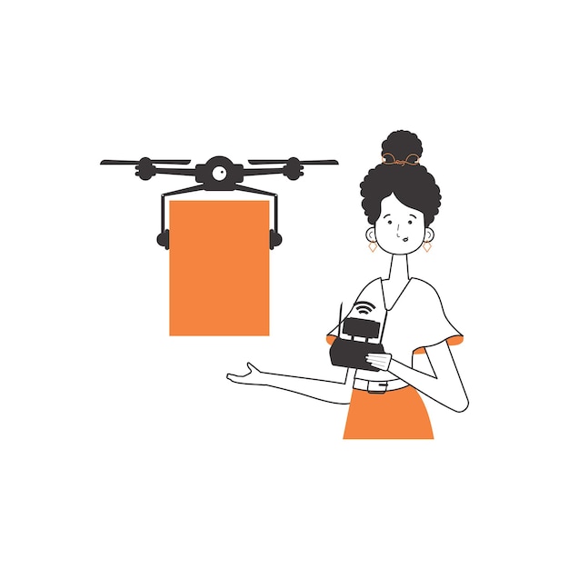 Het meisje levert het pakket per drone Luchtleveringsconcept Lineaire stijl Geïsoleerd op witte achtergrond Vectorillustratie