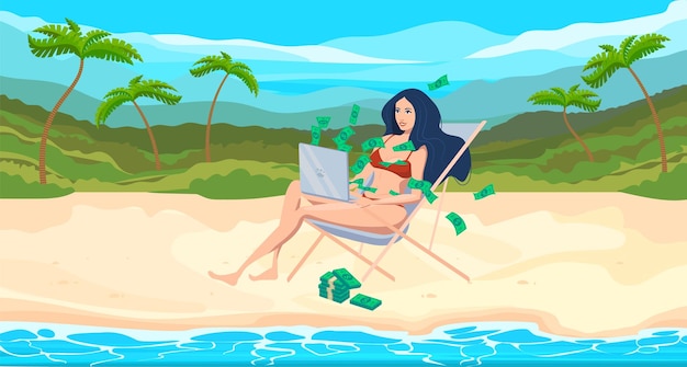 Het meisje ligt op het strand en palmbomen vliegen uit haar laptop Freelance