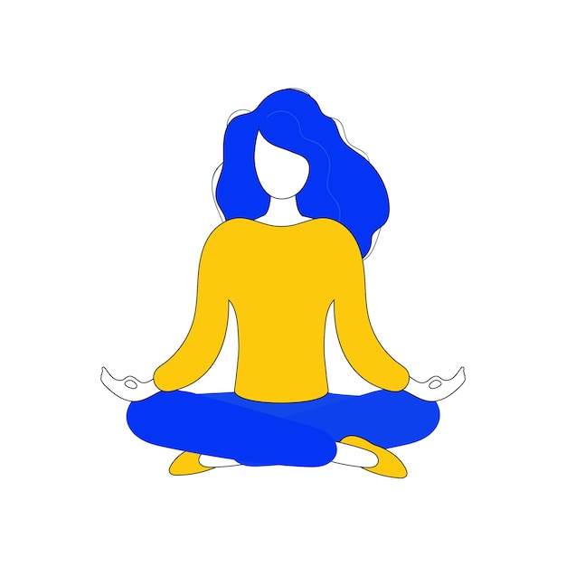 Het meisje mediteert. De vrouw houdt zich bezig met yoga. Pictogram voor presentatie, ansichtkaarten en toepassingen. Gele en blauwe kleur. Vetkor.