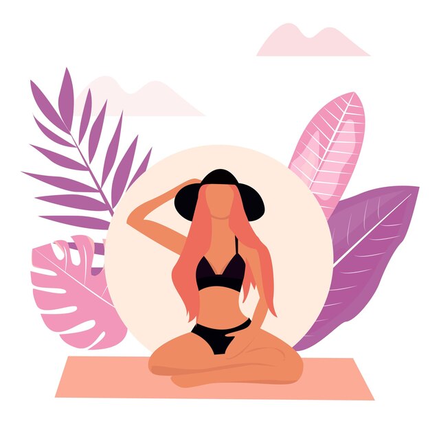 Het meisje mediteert zittend in de lotushouding. vectorillustratie van een personage dat yoga doet tegen een achtergrond van planten. platte ontwerp