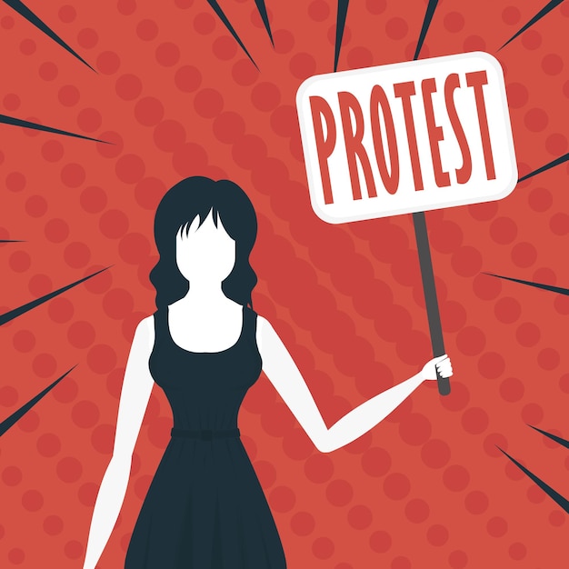 Het meisje protesteert met een transporter in haar handen Pop-artstijl Vector illustratie
