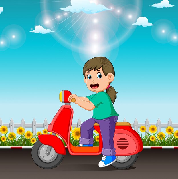 Het meisje rijdt overdag op de rode scooter op de weg