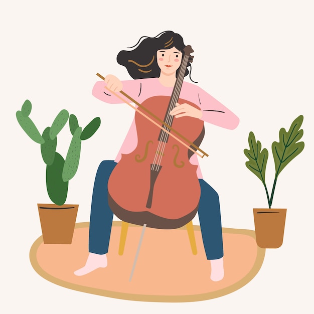 Het meisje speelt cello. Vrouw muzikant, jonge kunstenaar. Creativiteit thuis concept.