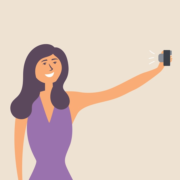 Vector het meisje stak haar hand uit met een smartphone en maakt een selfie