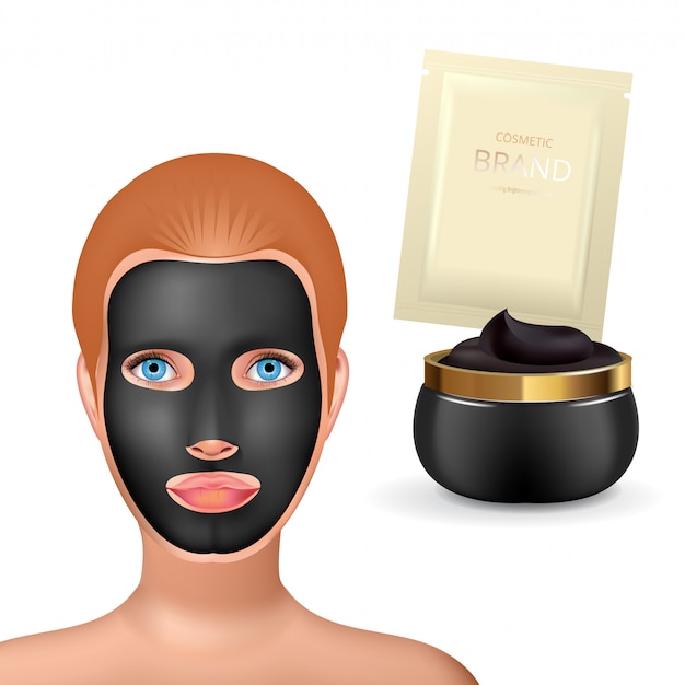 Het meisje van de schoonheidsmanier past gezichts houtskool zwart masker toe. Gezichtsmasker Cosmetica verpakking.