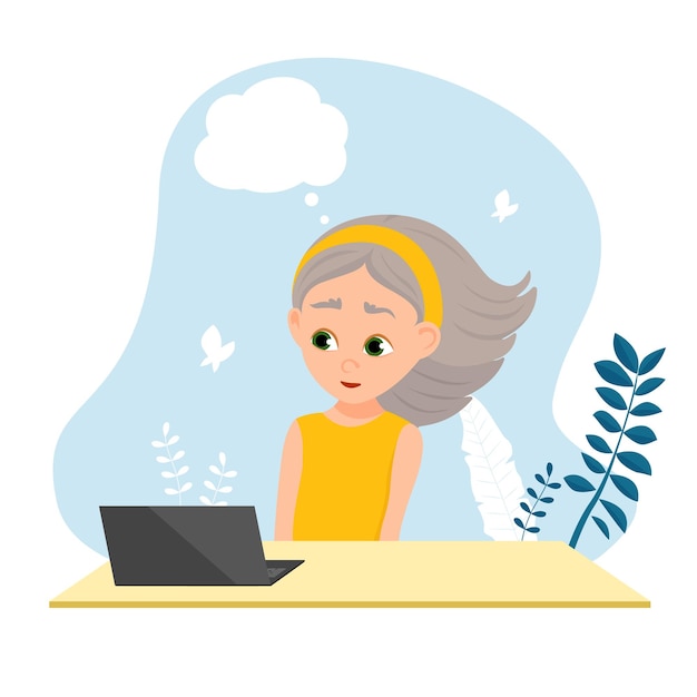 Het meisje zit aan een bureau met een computer en droomt Platte vectorillustratie