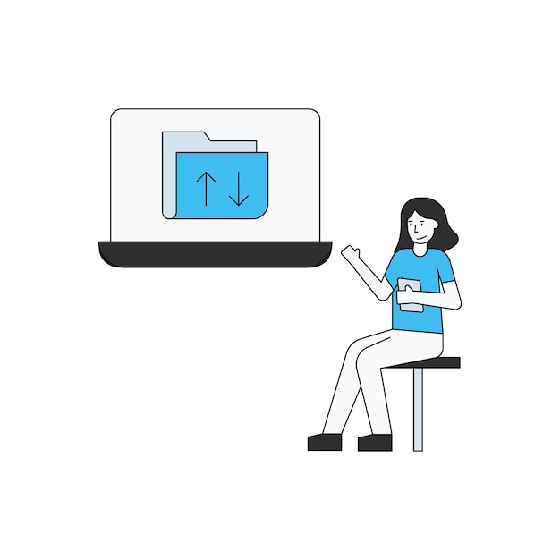 Het meisje zit en werkt op de laptop