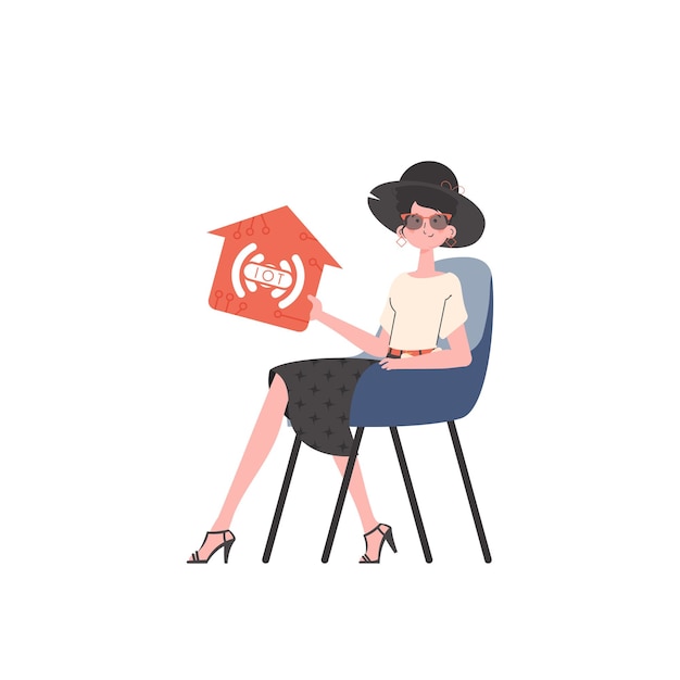 Het meisje zit in een stoel en houdt een icoon van een huis in haar handen Ivt-concept Geïsoleerd op witte achtergrond Vectorillustratie in vlakke stijl