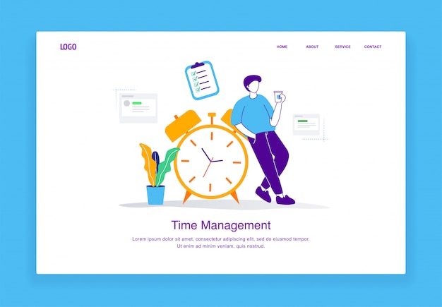Het moderne concept van de tijdbeheerillustratie mannen drinkt koffie terwijl het leunen op de wekker voor landingspaginamalplaatje
