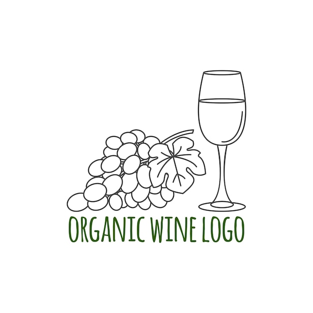 Het moderne logo van de lijnstijl met druivenblad en glas wijn Wijnmakerijsymbool