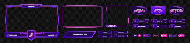 Het moderne thema voor het twitch-schermpaneel. De ontwerpsjabloon voor overlayframes voor het streamen van games. Vector violet en roze futuristisch ontwerp.
