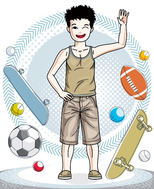 Het mooie gelukkige jonge tienerjongen stellen die modieuze vrijetijdskleding dragen. Kid vectorillustratie. Illustraties van de levensstijl van kinderen.