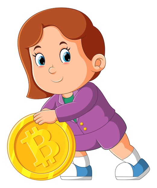 Het mooie meisje poseert met een grote bitcoin op haar hand