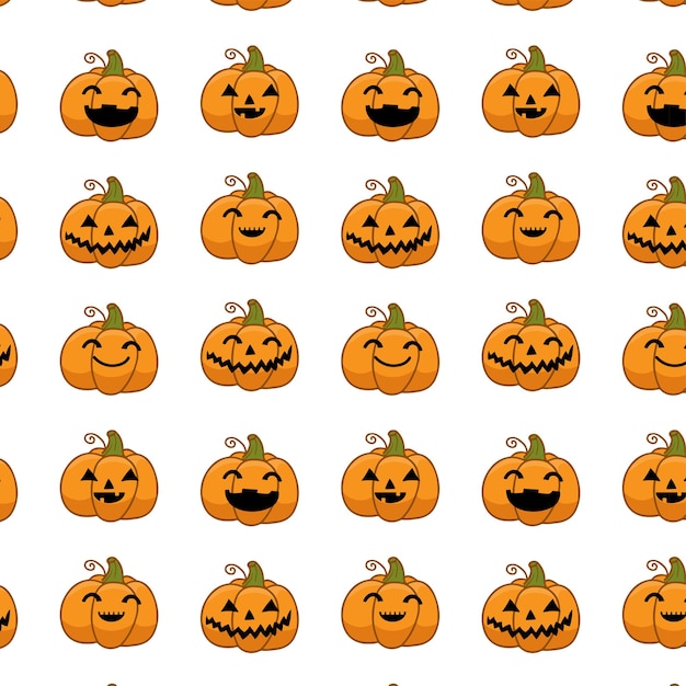 Het naadloze patroon van Halloween met oranje glimlachende griezelige pompoenen op witte vector als achtergrond