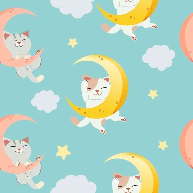 Het naadloze patroon voor karakter van schattige kat zittend op de maan. de kat slaapt en hij lacht.