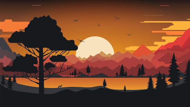 Vector het natuurlijke landschap cartoon design met de zon en bergen vector illustratie