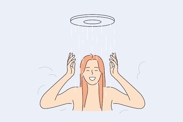 Het nemen van douche en ontspanningsconcept. Jonge lachende vrouw staande genieten van zachte douche waterdruppels doen wellness procedure behandeling vectorillustratie