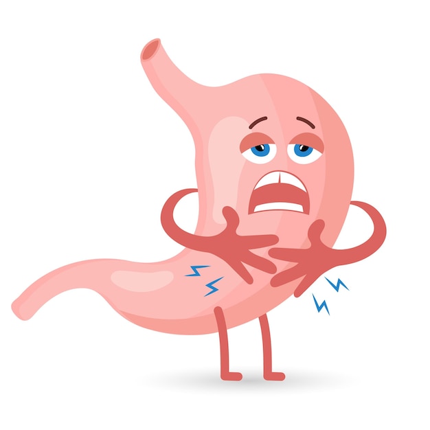 Het ongezonde karakter van de menselijke maag huilt en lijdt aan pijn. Eten, buikpijn. Anatomie