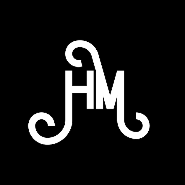 Het ontwerp van het logo met de letter HM op een zwarte achtergrond, het concept van het letter logo met de creatieve initialen HM, het ontwerp van de letter HM met de witte letter logo op een zwart achtergrond en het logo H M h m.