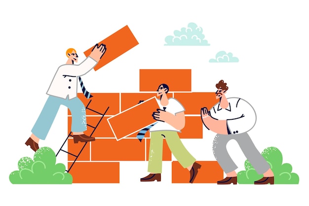 Het opbouwen van een bedrijfsstrategie door medewerkers van het bedrijf die teamwerk verrichten door het bouwen van een muur van bakstenen