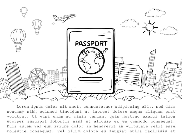 Vector het paspoort van de krabbel en vliegtuigcontrole in puntreis rond het wereldconcept