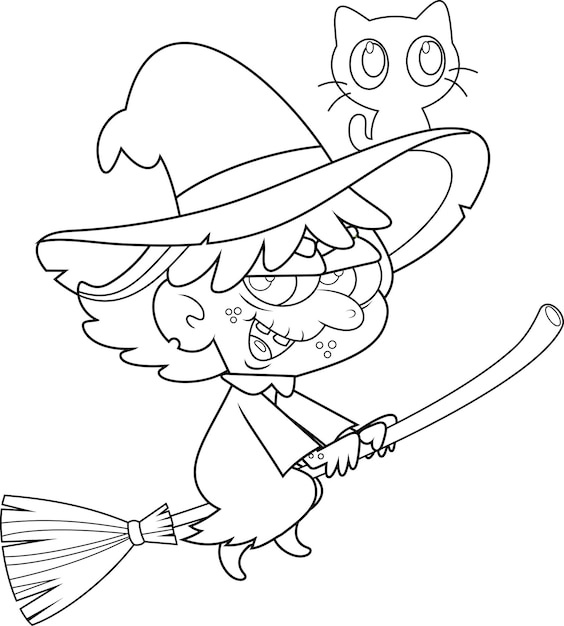 Het personage van de lelijke Halloween heks die op een bezemstok vliegt en de zwarte kat in de hoed.
