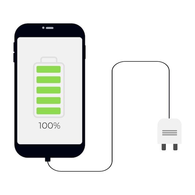 Het pictogram van de telefoon en oplader Een telefoonoplader Niveau-indicator Volledig opgeladen