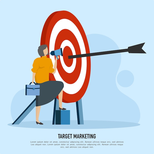 Het platte doelmarketingconcept is correct. zakenvrouw met megafoon. Zakelijk doel.