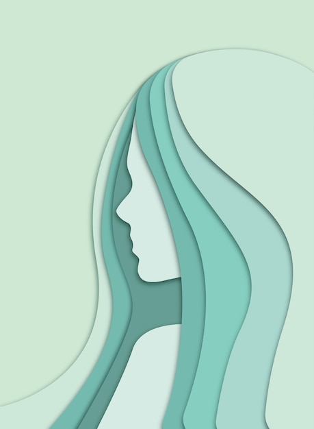Het platte papier gesneden silhouet van een vrouw met lang haar in blauwe kleuren