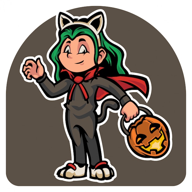 Het schattige karakter van Halloween in het kostuum van kwade katten