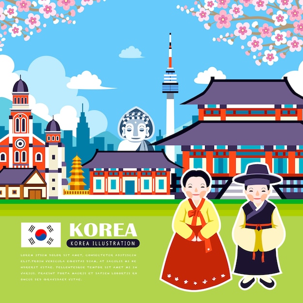 Het schattige ontwerp van de reisaffiche van korea met aantrekkelijkheden