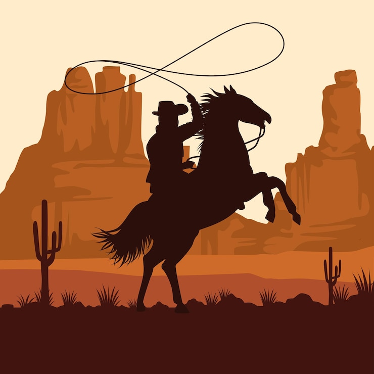 Vector het silhouet van het cowboycijfer in paardlassen in de scène van het zonsonderganglandschap