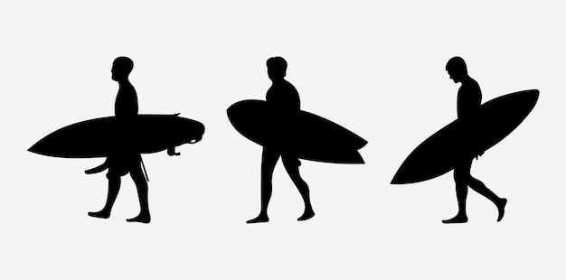 Vector het silhouet van surfers met hun boards