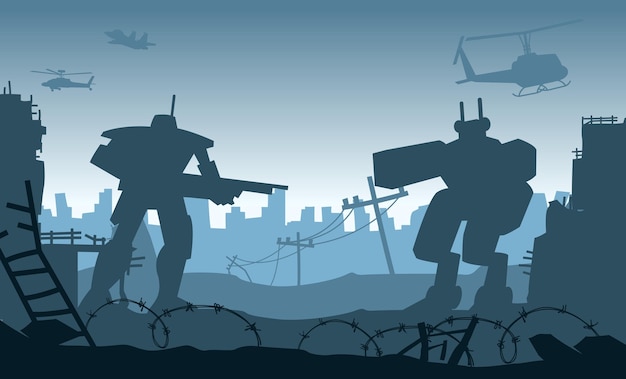 Vector het silhouetontwerp van de robot vecht in de verwoeste stad na de oorlog, vectorillustratie