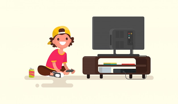 Het spelen van de jongen videospelletjes op een illustratie van de spelconsole