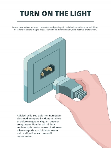 Het stopcontact activeert, bedrijfsconcept elektrische stekkerverbindingen met isometrische plaats voor uw tekst