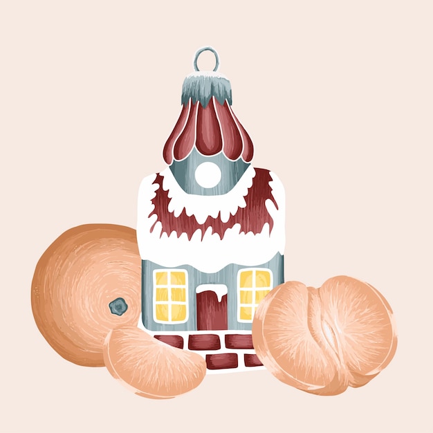 Het stuk speelgoed huis van de Kerstmis uitstekend boom met mandarijn, vectorart