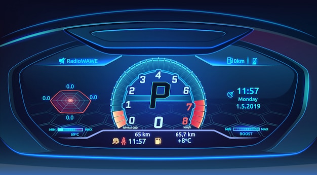 Het supercar dashboard van de neonsportwagen met snelheidsmeter, modern automobiel controlebord, illustratie