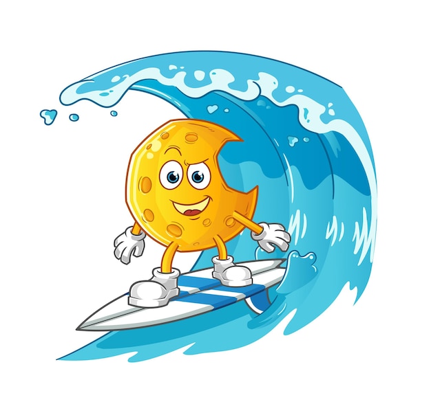 Het surfkarakter van de wassende maan. cartoon mascotte vector