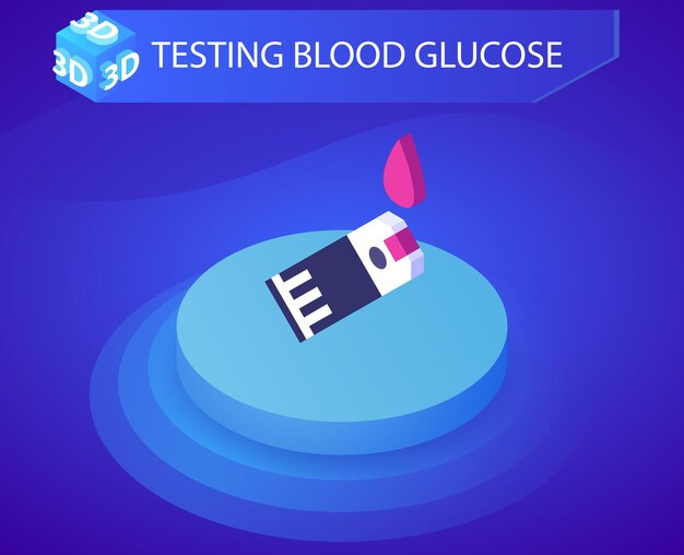 Het testen van bloedglucose isometrisch ontwerppictogram Vectorwebillustratie 3d kleurrijk concept