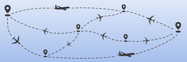Het traject van het vliegtuig wordt weergegeven als een stippellijn. Vliegtuigvluchtplannen voor luchtvaartmaatschappijen
