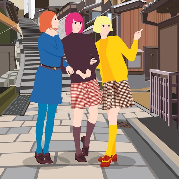 Het trio van dames in vintage 70s mode maken een ontspannen wandeling in Kyoto.