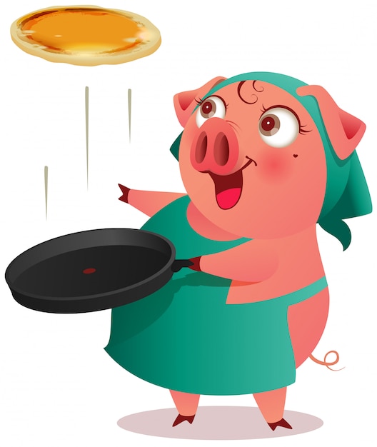 Het varkenswijfje in schort kookt pannekoeken in pan