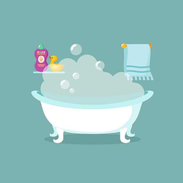 Het vectorbinnenland van de badkamersbeeldverhaal met badkuiphoogtepunt van schuim en douche