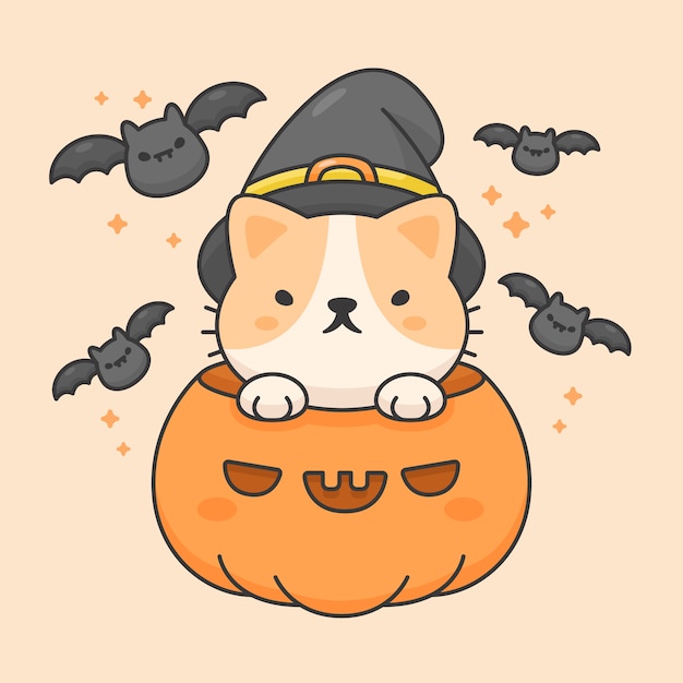 Het vectorkarakter van leuke kat in een pompoen draagt halloween-hoed en knuppels