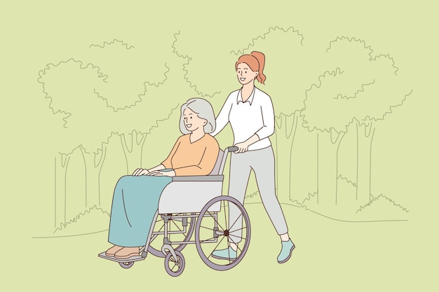 Het verzorgen van gehandicapte ouderen concept. Jonge glimlachende dame gaat en rijdt positieve volwassen vrouw op rolstoel gehandicapte persoon buitenshuis op zomerdag vectorillustratie