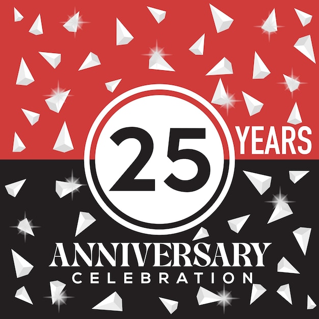 Vector het vieren van het logo-ontwerp van het 25-jarig jubileum met rode en zwarte achtergrond.