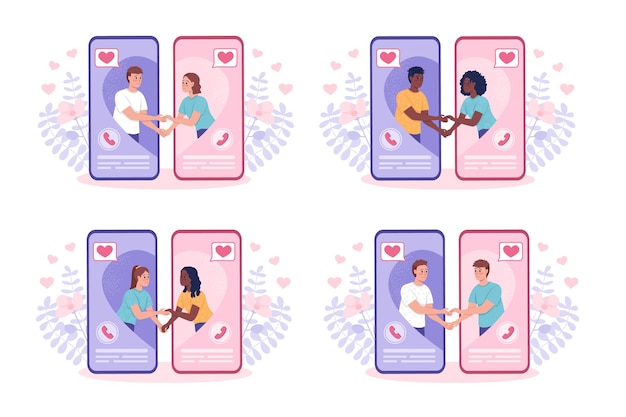 Het vinden van de ideale partner door middel van dating app platte concept vector illustraties set. Romantische paren geïsoleerd 2D stripfiguren op wit voor webdesign. Diepe genegenheid creatieve ideeënverzameling